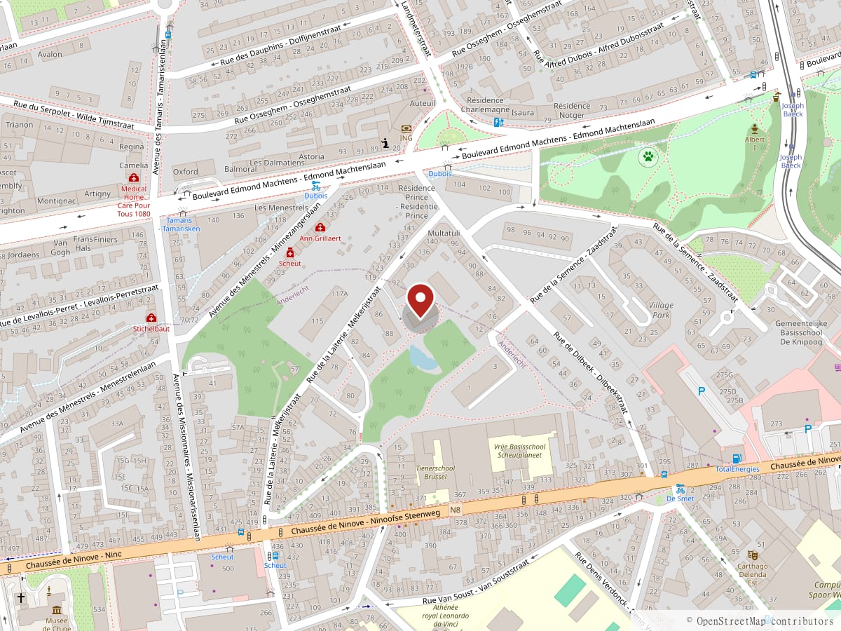 Plan du quartier : le cabinet du Professeur Lama, 90 rue de la Laiterie à Anderlecht, entre le boulevard Edmond Machtens et la chaussée de Ninove.